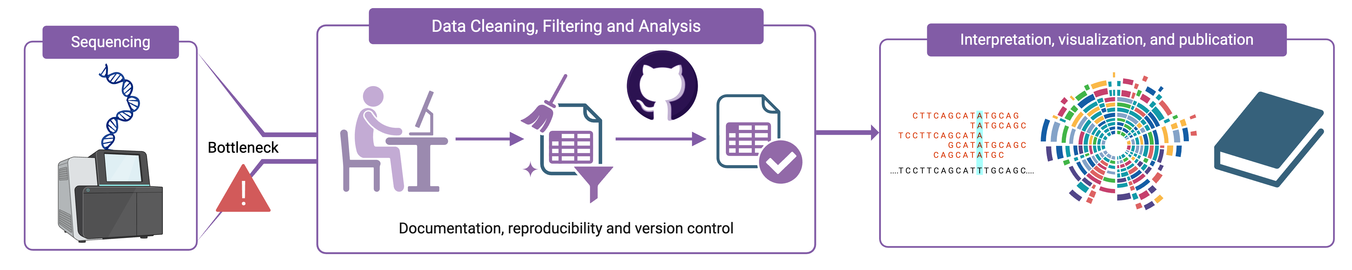 A three part sequence showing how sequencing output exceeds the ability to do bioinformatics, creating a bottleneck. Bioinformatics involved data cleaning, filtering and analysis, which is then followed by interpretation, visualization and publication.